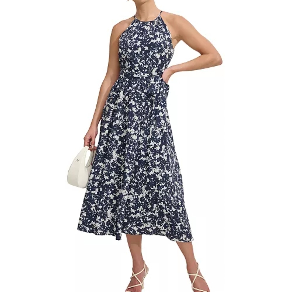 DKNY Navy Blue and White Halter Neck Dress - Lined And Midi Length